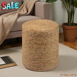 Handwoven Seagrass Round Ottoman, Natural Pouf Footrest Stool, Boho Farmhouse Accent Vanity Stool for Living Room, Bedroom, Entryway – No Assembly Req