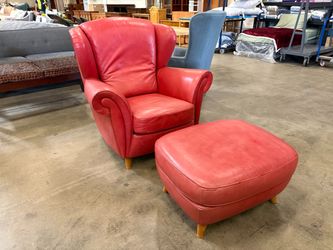 NATUZZI Vintage Brick Red Leather Wingback Armchair with Ottoman and Curved Light Wood Feet