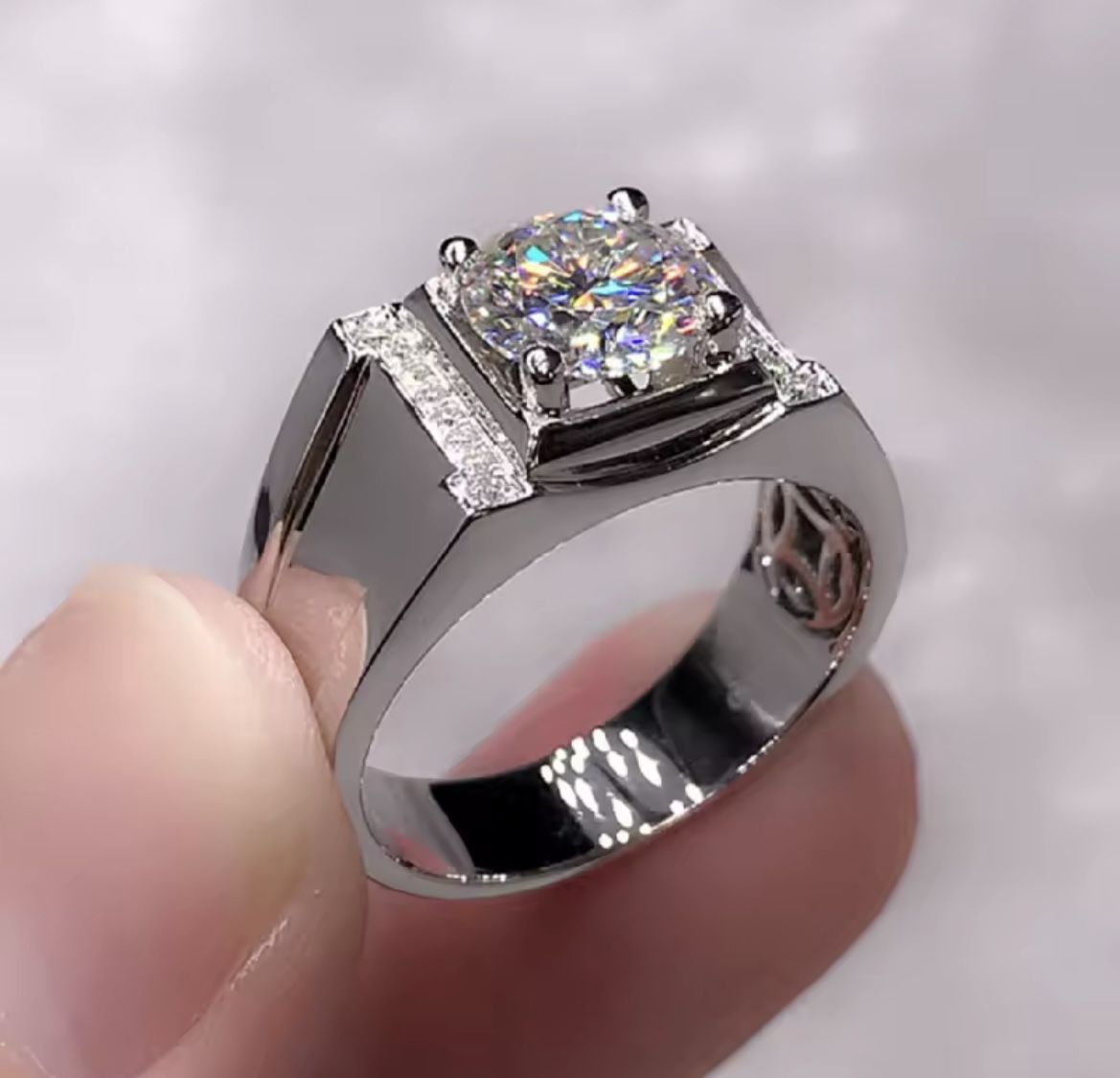Buyee 925 Sterling Silver Male Wedding Ring White Big Zircon Open Ring for Men Fashion Party Fine Jewelry Circle Gift