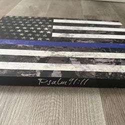 Thin Blue Line American Flag Canvas – Psalm 91:11