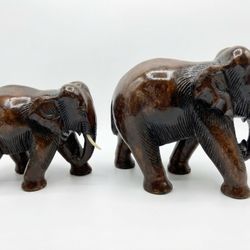 Stunning Set Of Hand Carved Wooden Elephant Figurine Set 