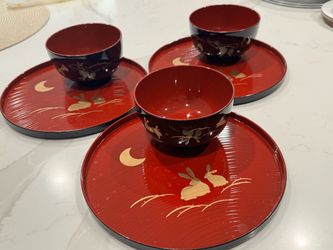 Japanese Tray and Bowl 3 pc Set - Rabbit Design