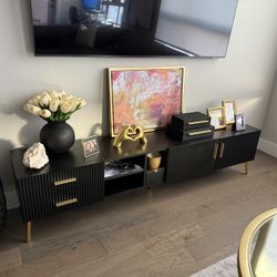 New Assembled Black Wood Media Center Tv Console Brass 