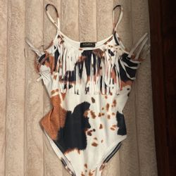 Womens Cow Print Fringe Bodysuit 