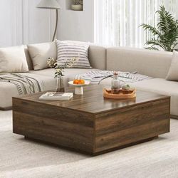 #D 47 Inch Large Square Coffee Table with 2 Deep Drawers, Modern Wooden Center Table for Living Room, Walnut Finish $ 130