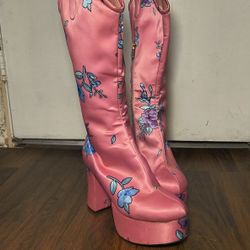 Pink Floral Platform Heeled Boots 