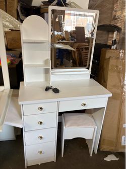 Vanity Set with LED Lighted Mirror, Vanity Dressing Table with 5 Drawers & Shelves, Makeup Desk with Cushioned Stool for Bedroom, White