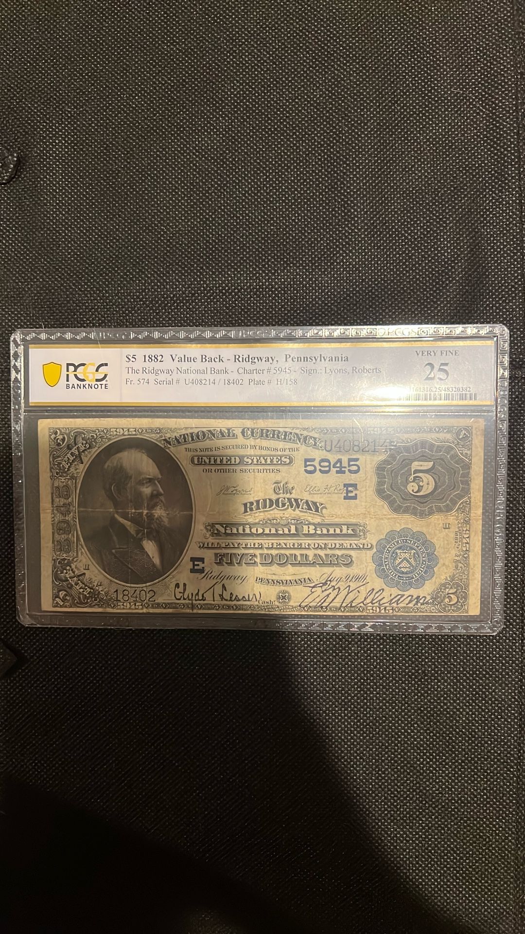 1882 $5 Value Back Ridgway Pennsylvania