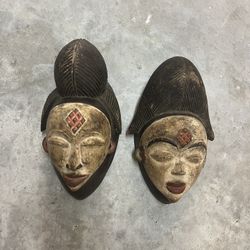 2 Vintage African Wooden Punu Mask Hanging Wall Hanging Decor Carved Statue Carving Sculpture Wood Tribal Art Design c1990's