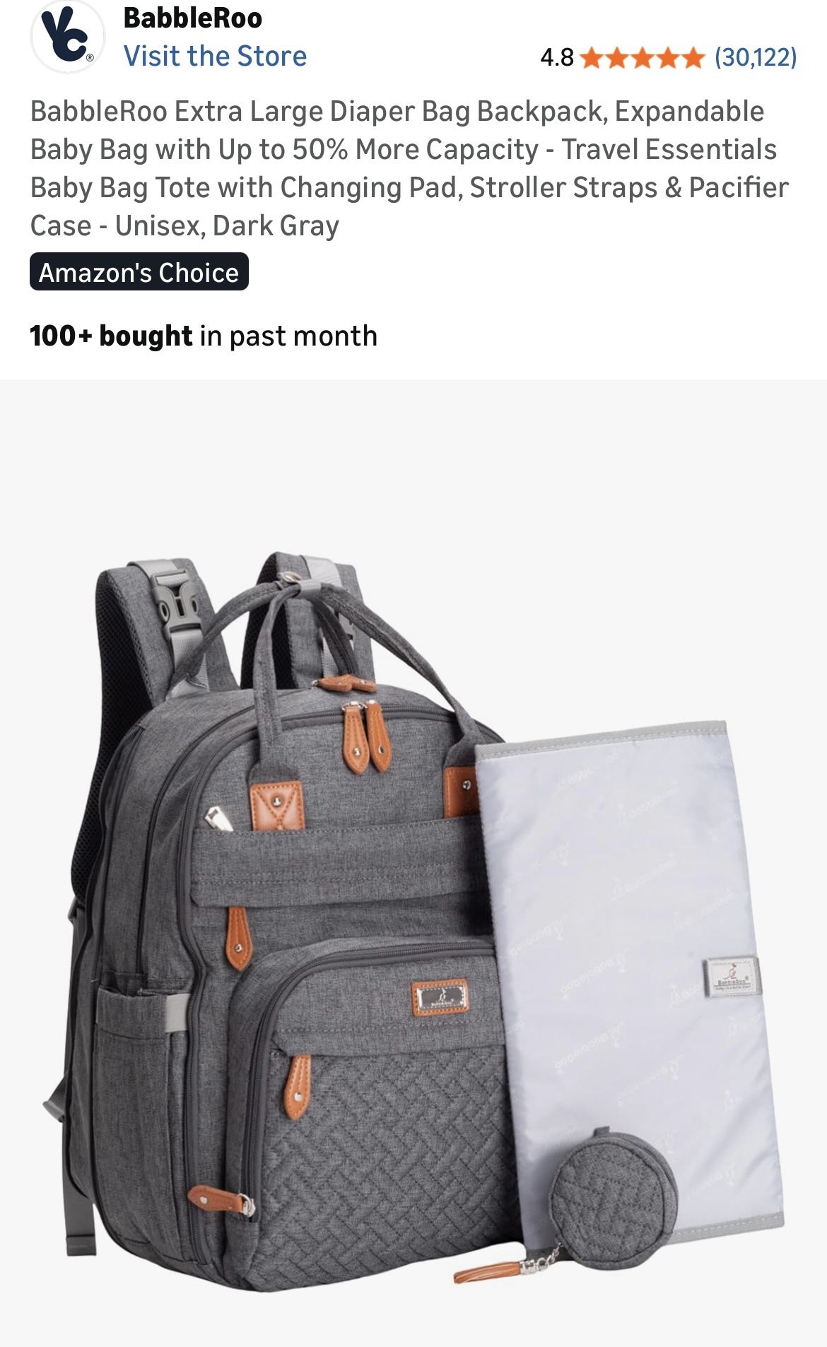 BabbleRoo Extra Large Diaper Bag Backpack, Expandable Baby Bag with Up to 50% More Capacity - Travel Essentials Baby Bag Tote with Changing Pad, Strol