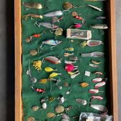 Vintage Fishing Lures And Display Box 