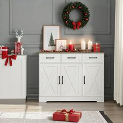42.5'' Kitchen Buffet Sideboard Cabinet, 3 Drawers Farmhouse Coffee Bar Storage Cabinet with Adjustable Shelf, White