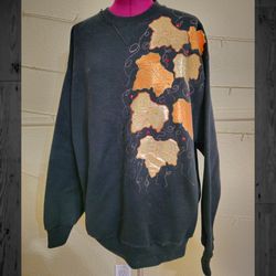 Vintage Hanes Classics Crewneck Long Sleeved Sweatshirt with Beautiful Metallic Leaves, Gold Glitter, and Red Rhinestones - Size  XL