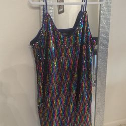 XL Allegra K Women's Glitter Rainbow Sequin Mini Cocktail Dress Spaghetti Strap V Neck
