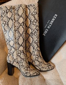 Kenneth Cole Beige and Black Snakeskin-Print Knee Boots