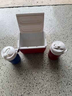 Small igloo cooler and two igloo gal jugs