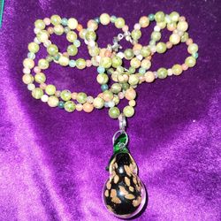 Very Beautiful Agate Beaded Necklace with Glass Pear Charm
