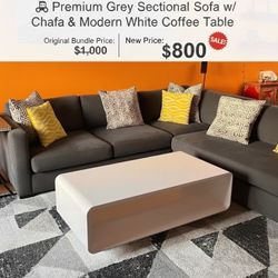 🛋️ Premium Grey Sectional Sofa w/ Chaise & Modern White Coffee Table