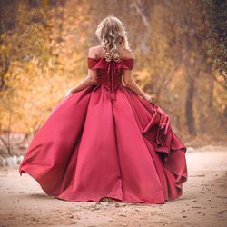 Off The Shoulder Ball Gown, Wine Red with Pockets 