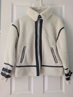 Scoop Cream Sherpa Zip-Up Jacket with Black Trim Women Size XS-S