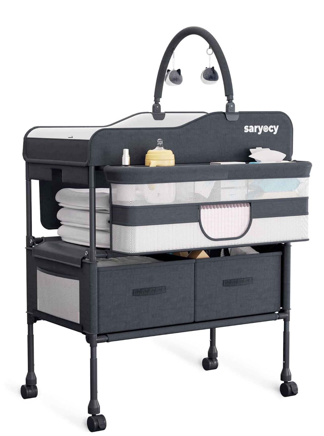 Baby Changing Table with Storage, Versatile Folding Changing Table, Baby Changing Station, Removable Wheels, 4 Adjustable Height, Waterproof, Mobile N