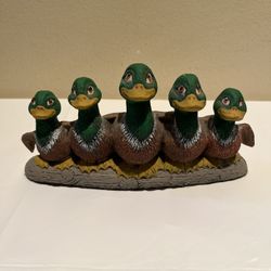 Vintage Ceramic Five Mallard Ducks On Log Farmhouse Cottage Decor Whimsical