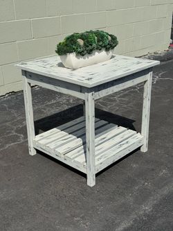 Rustic White Farmhouse End Table w/ Shelf