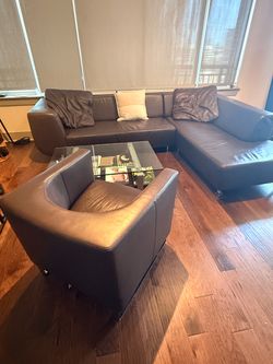Authentic CANTONI Italian Leather Sectional, Lounge Chair & Glass Table Set