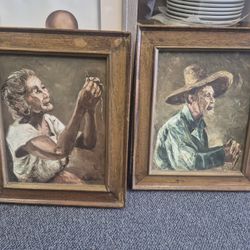 pair of framed paintings features a portrait of a woman sewing on the left and a portrait of a man in a straw hat on the right, both rendered in an im
