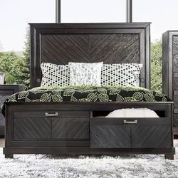 BRAND NEW COMPLETE QUEEN WOOD BEDROOM SET With Storage Walnut Wood Grain