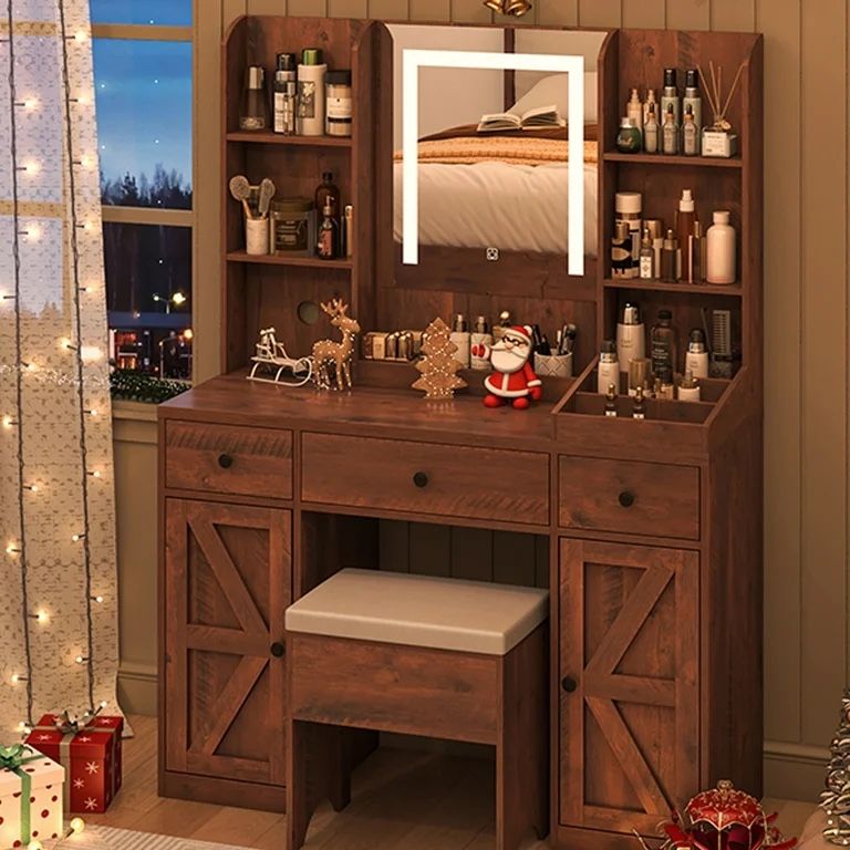 43"W Farmhouse Large Vanity Set w/Mirror and Stool and Lights,LED Vanity Makeup Desk w/Power Outlet,3 Drawers 2 Cabinets,11 Storage Shelves, Rustic Wh