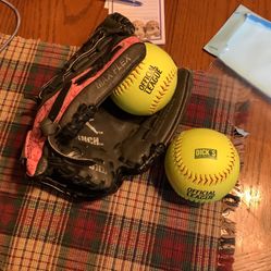 Girls softball glove like new Jenny Finch model 11” and 2 new 11” softballs