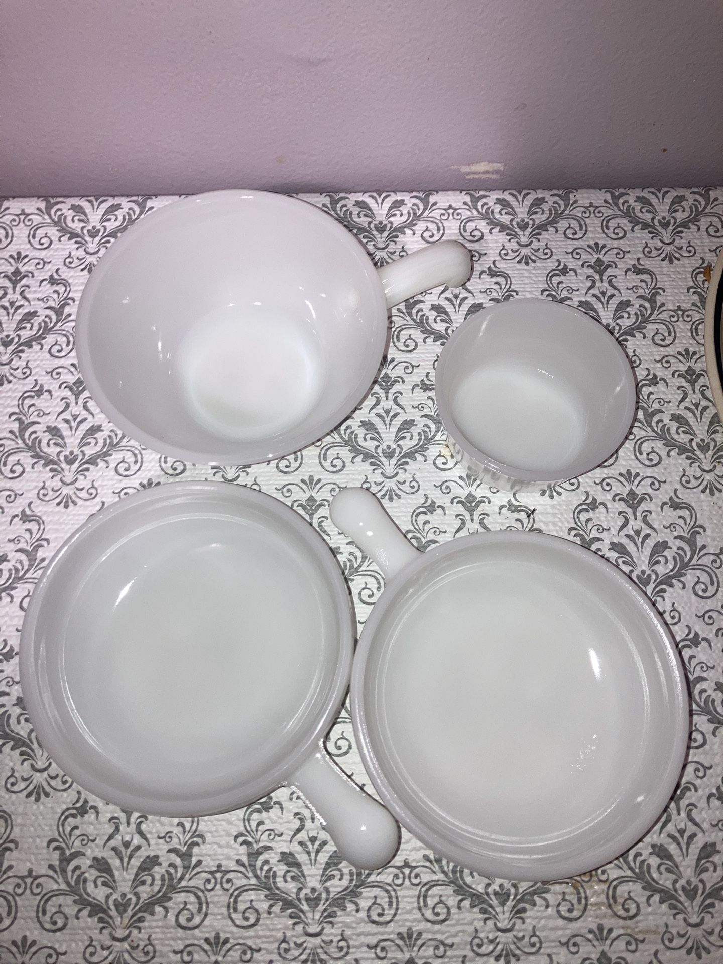 Milk glass soup bowls with handle