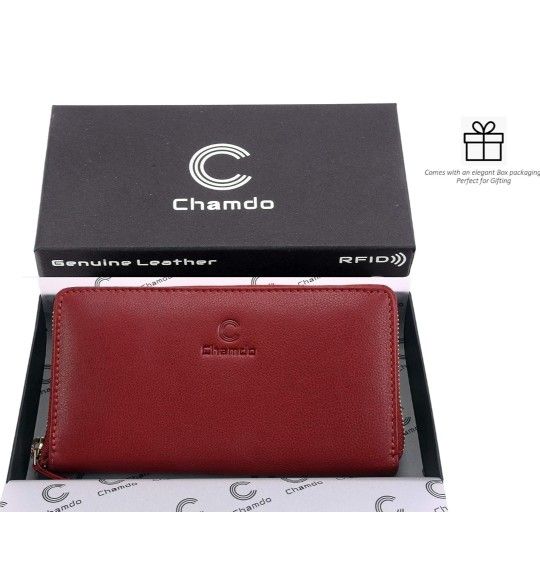 Chamdo Women’s Genuine Leather RFID Zip-Around Wallet :Stylish Cherry Red Luxury