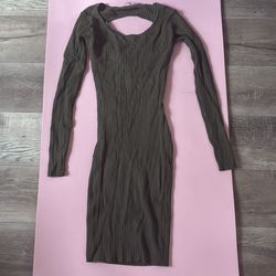 Olive Green Ribbed Bodycon Dress – Long Sleeve – Size Small