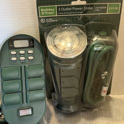 2 Outdoor Outlet Power Stakes one w/timer New