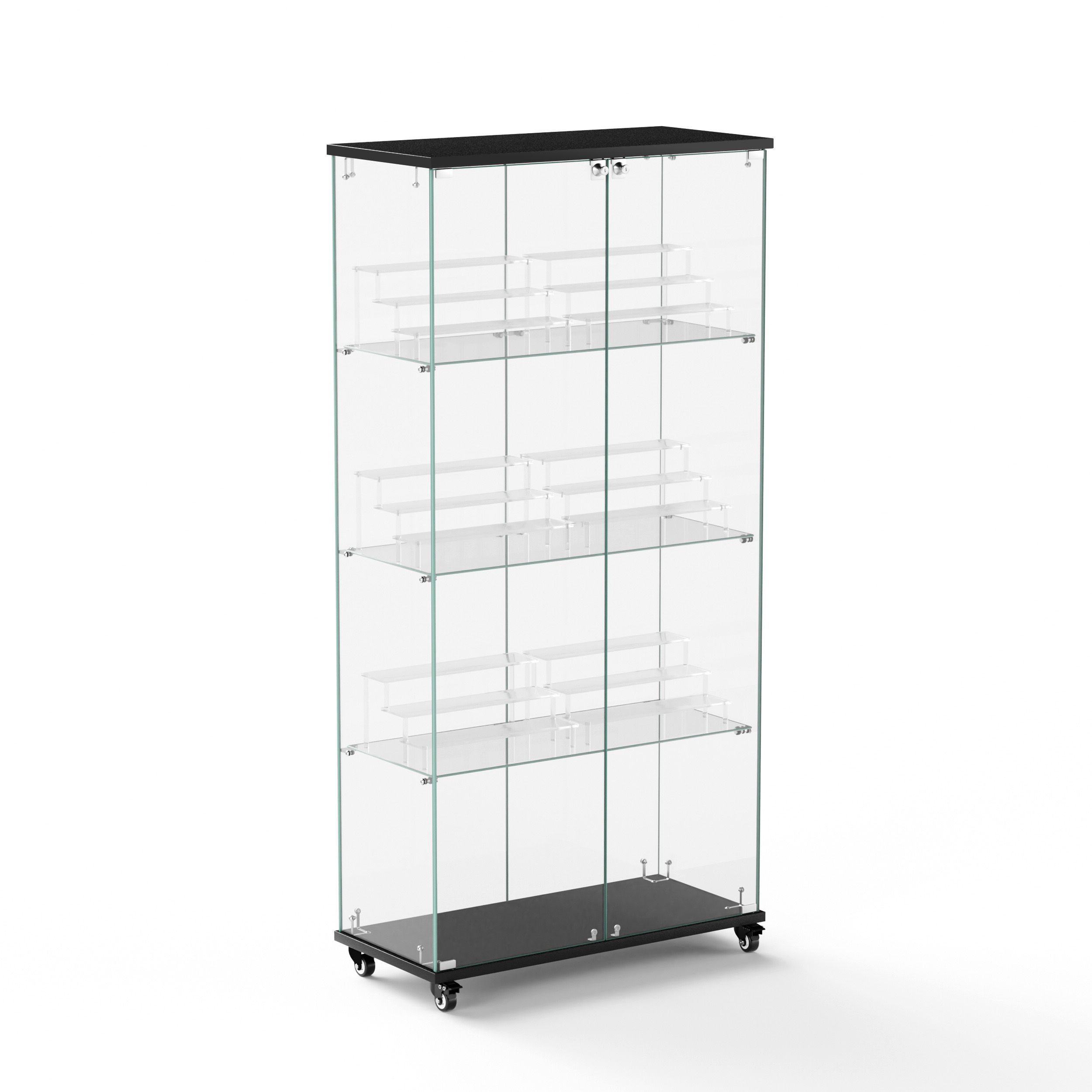 4 Tier Glass Display Cabinet, Double Door Glass Cabinet with Two Locks, Floor Standing Storage Cabinet with 6 Acrylic Shelves for Living Room, Bedroom