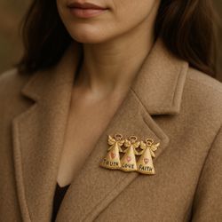 TC 1990s Gold-Tone Three Angels “Truth Love Faith” Brooch, 1.75x1” DAMAGED