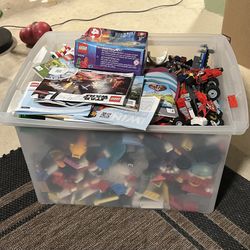Bin Of LEGO And Building Blocks - Minifigs And Manuals