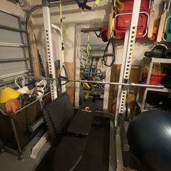 Squat Rack, Olympic Weights, Bench, Preacher Curl Bench & Bar