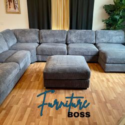 Gray Sectional Sofa - 7 Pc Modular Sectional With Deep Seating & Soft Corduroy Fabric
