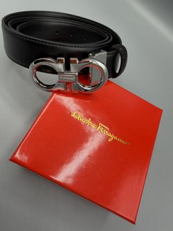 Ferragamo Belt Silver Buckle Black Leather With Box. ✅ Sizes 32-34