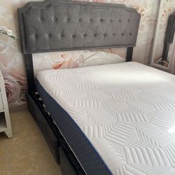 Queen Size Bed with four drawers under gray velvet tufted with memory foam firm mattress
