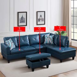 Dark  Blue Faux Leather 3-Piece Couch Living Room Sofa Set