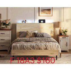 Home Full Bed Frame With Ergonomic Headboard & Storage Shelf, Wood Platform Bed Frame with Lights, Outlets & USB, Off-white（18A3）（open box）