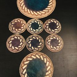 Set Of Beautiful Vintage 8 Leather Coaster With A Wooden Tray 