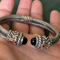 Solid Sterling Silver & 14K Gold Twin Cable Heavy Cuff Bracelet Beautiful Design 