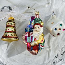 Vintage Hand Blown Glass Christmas Ornaments Santa Bell Dice Lot of 3