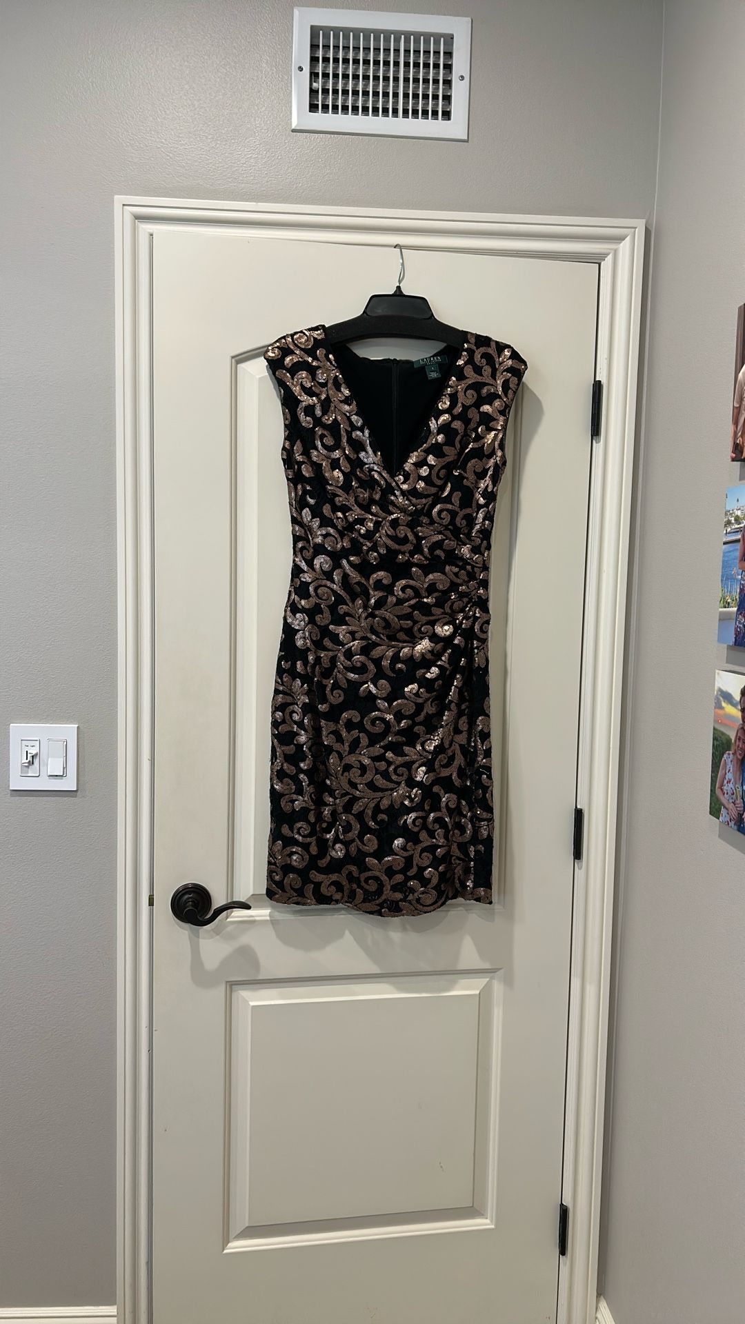 Dress: black with copper sequins