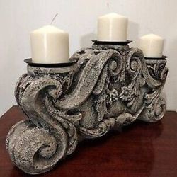 Carved Tuscan Faux Stone Grey/Blackish 3 Pillar Candle Holder 10H 20W